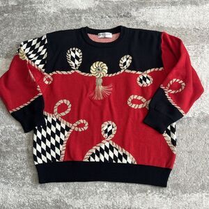Vintage Jaeger Sweater Womens Medium Embroidered Rope Metallic Black Red